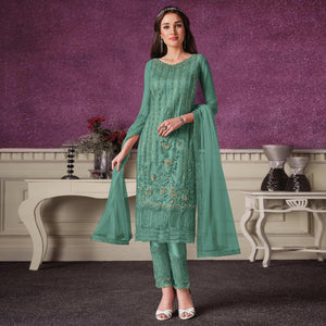 Green Embroidered Butterfly Net Partywear Suit - Peachmode