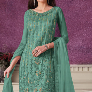 Green Embroidered Butterfly Net Partywear Suit - Peachmode