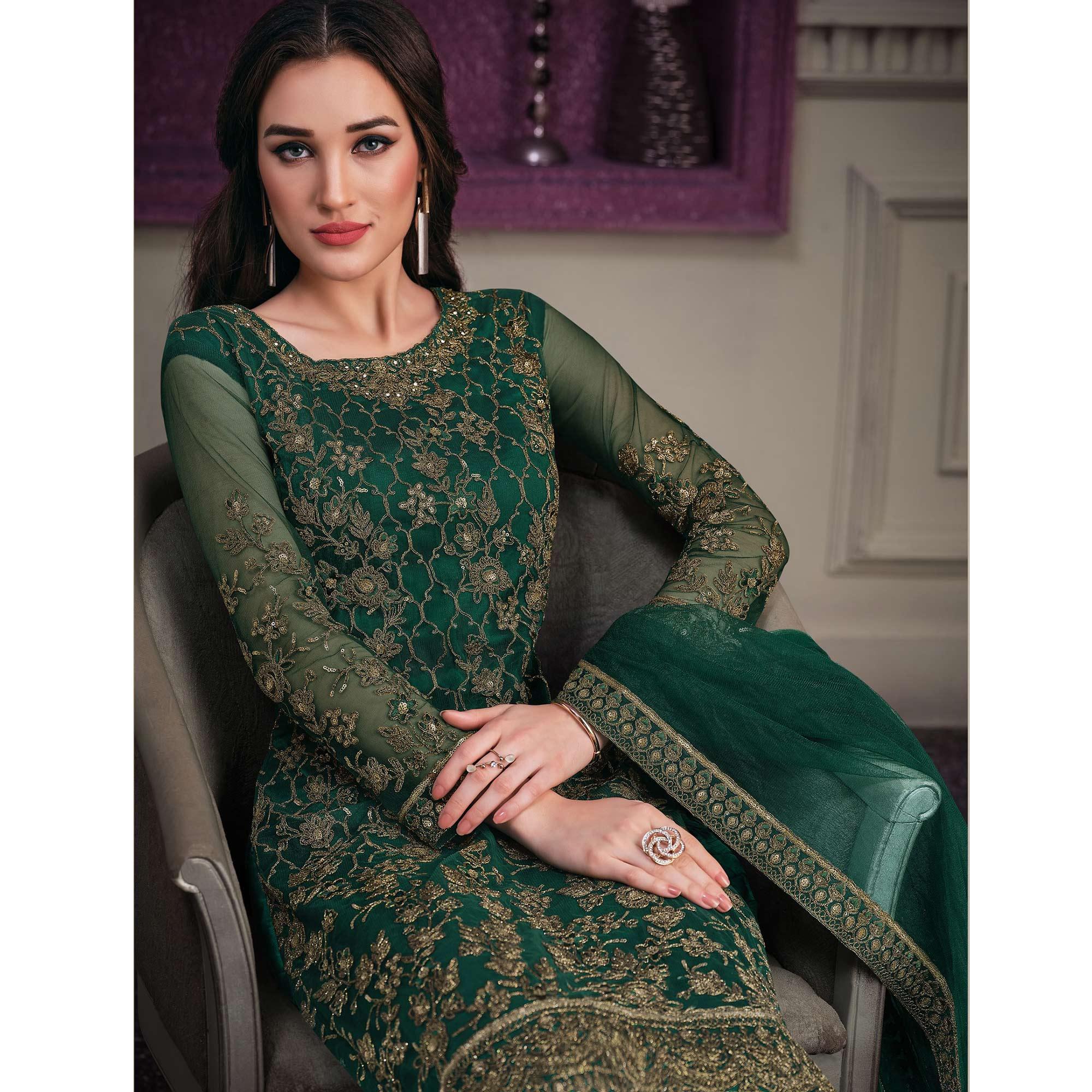 Green Embroidered Butterfly Net Partywear Suit - Peachmode