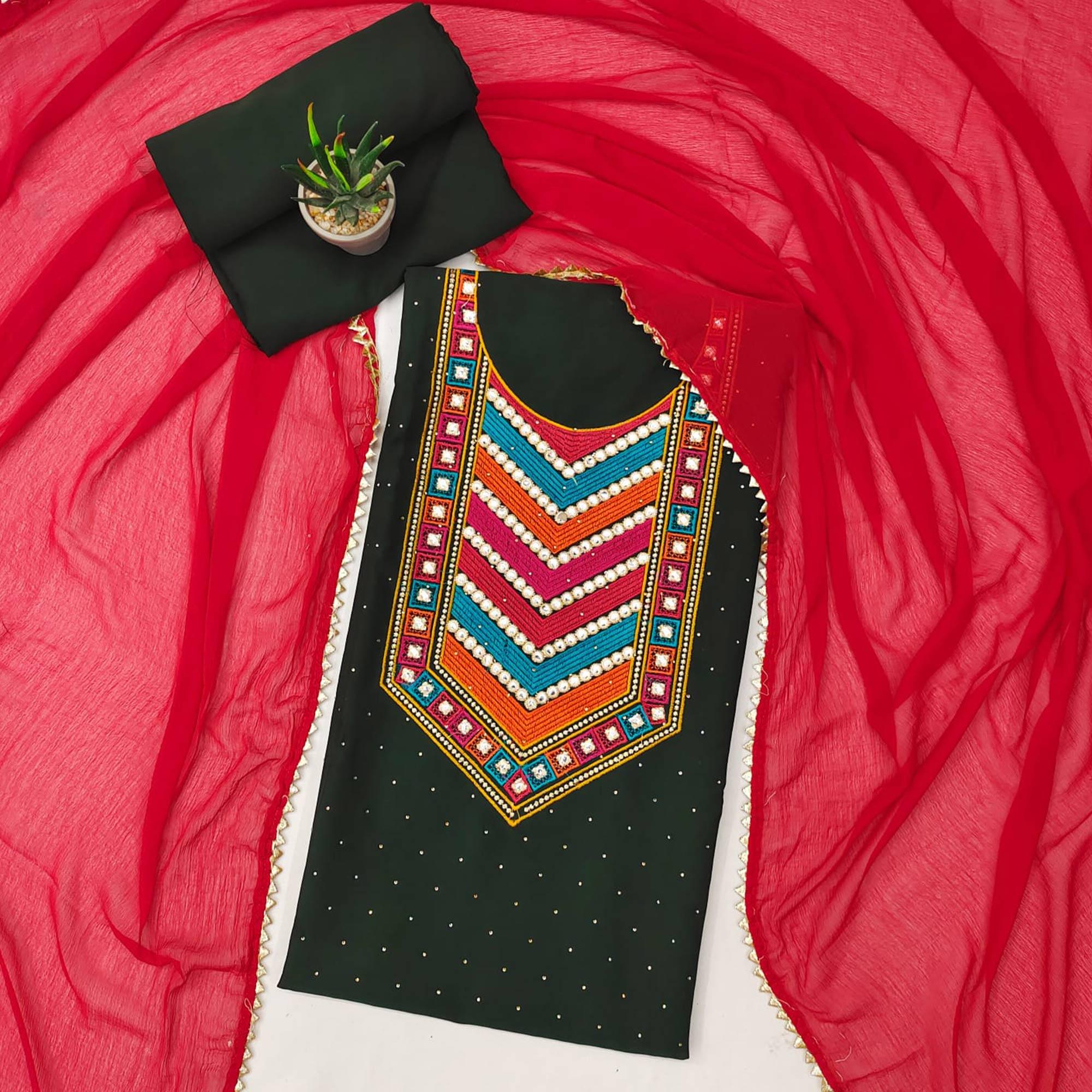Green Embroidered Chanderi Dress Material - Peachmode
