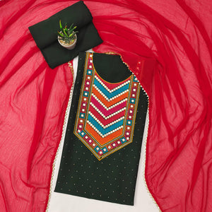 Green Embroidered Chanderi Dress Material - Peachmode