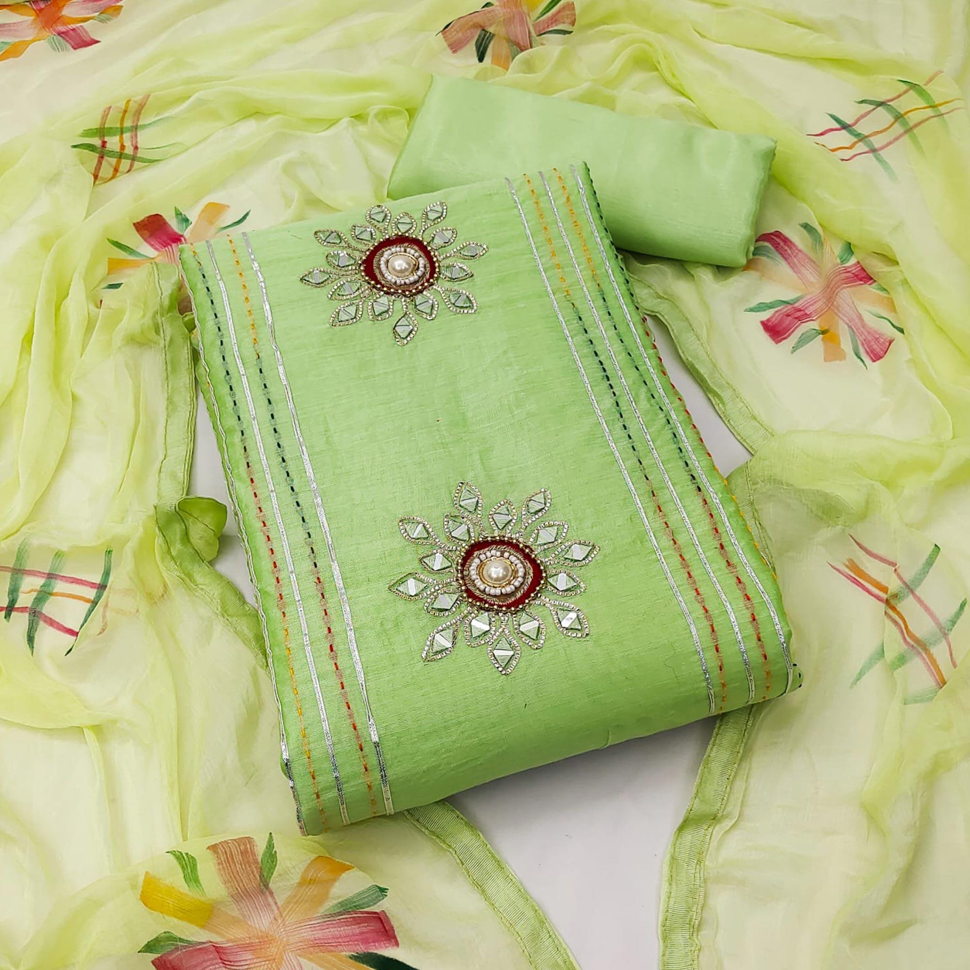 Green Embroidered Chanderi Dress Material - Peachmode