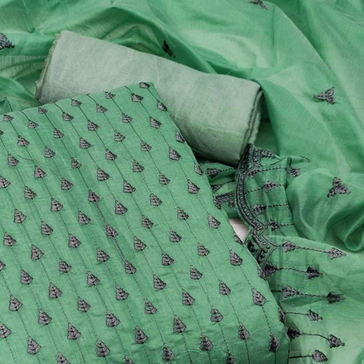 Green Embroidered Chanderi Dress Material - Peachmode