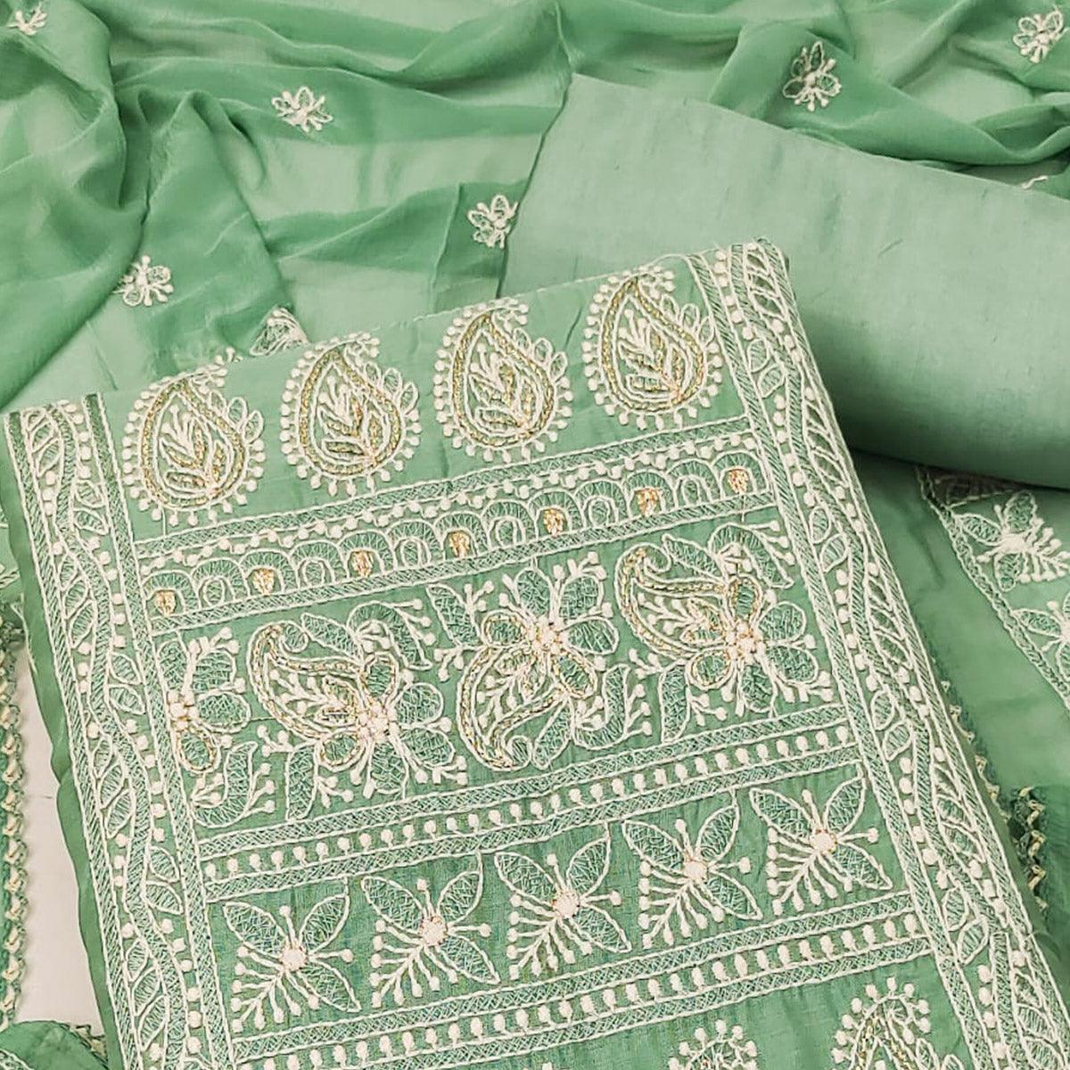 Green Embroidered Chanderi Dress Material - Peachmode