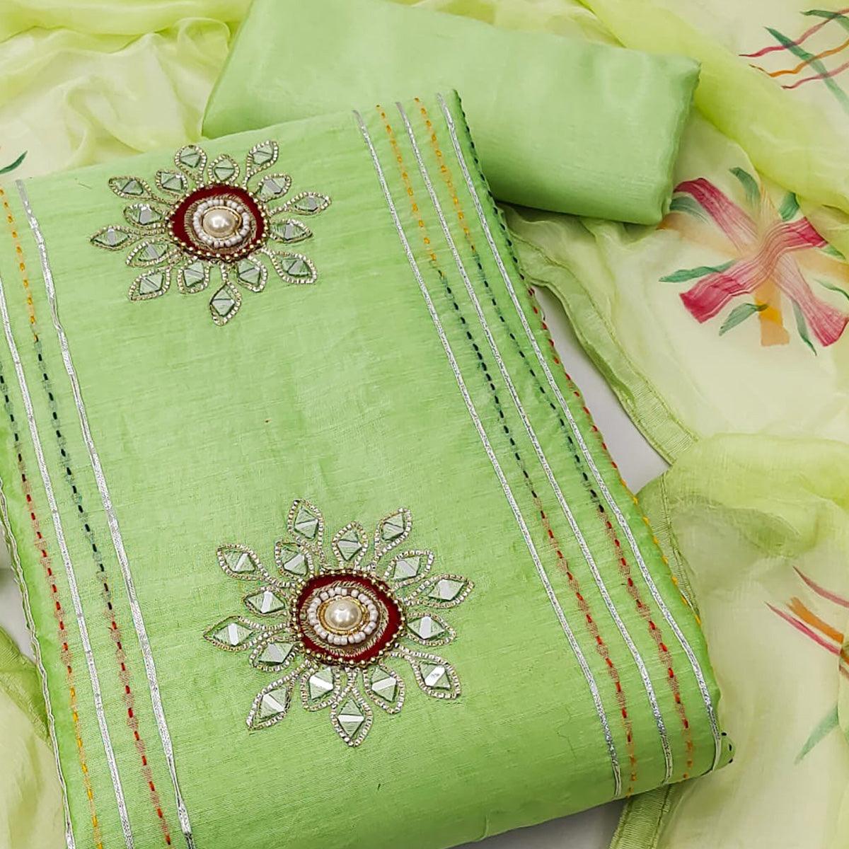 Green Embroidered Chanderi Dress Material - Peachmode