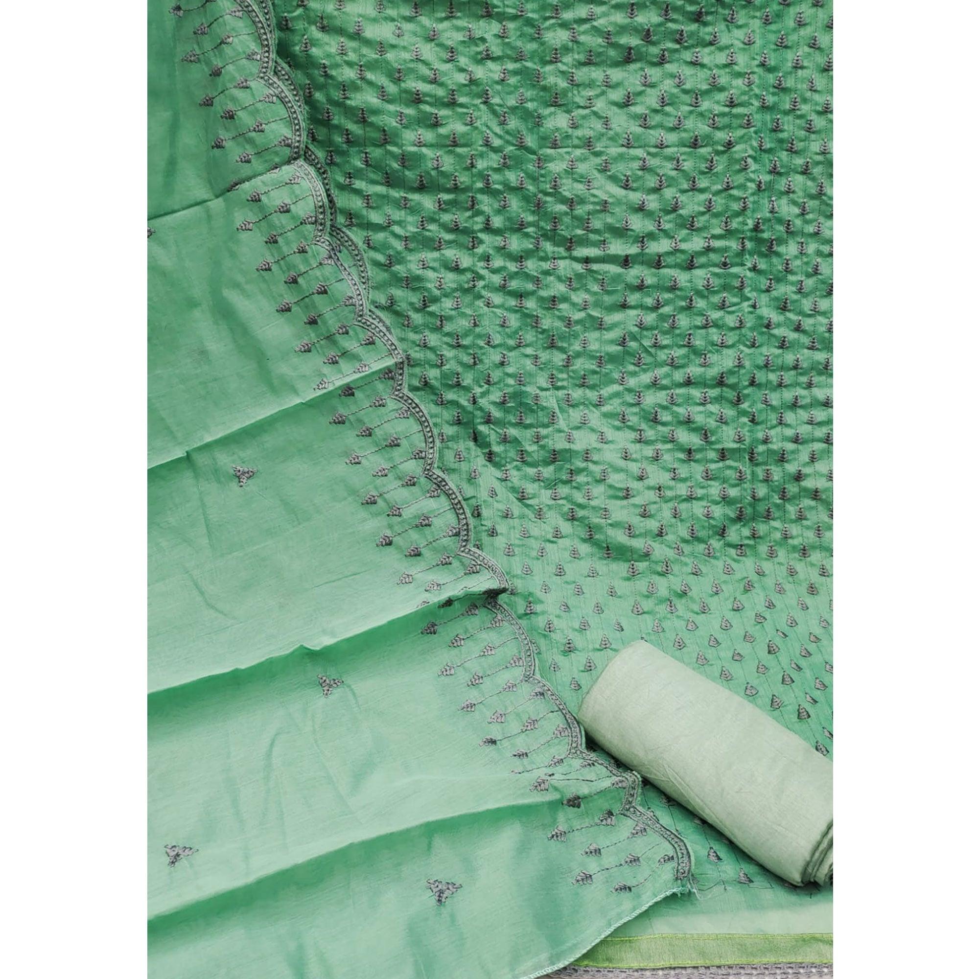 Green Embroidered Chanderi Dress Material - Peachmode