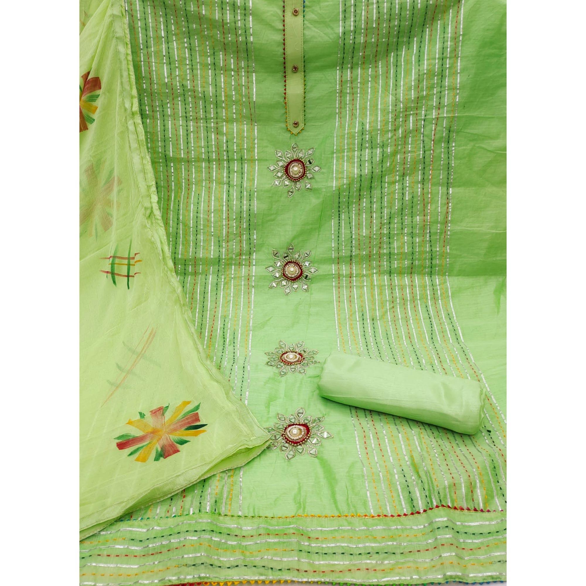 Green Embroidered Chanderi Dress Material - Peachmode