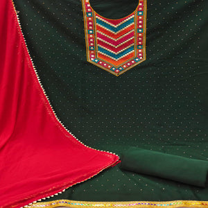 Green Embroidered Chanderi Dress Material - Peachmode