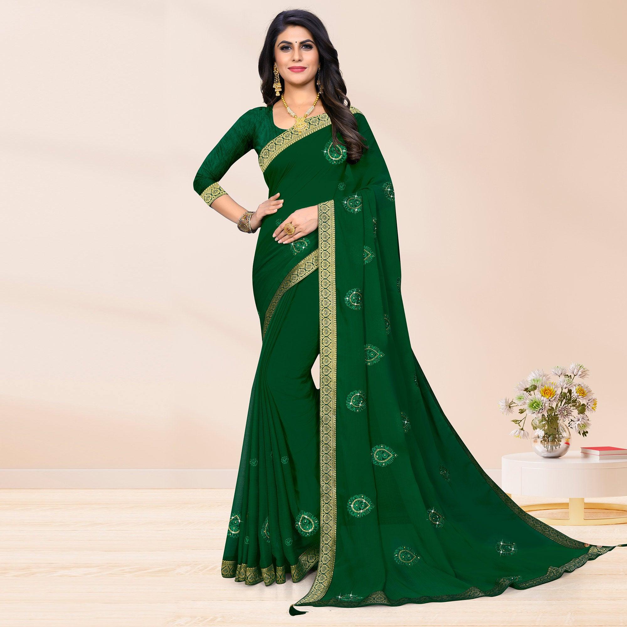 Green Embroidered Chiffon Saree - Peachmode