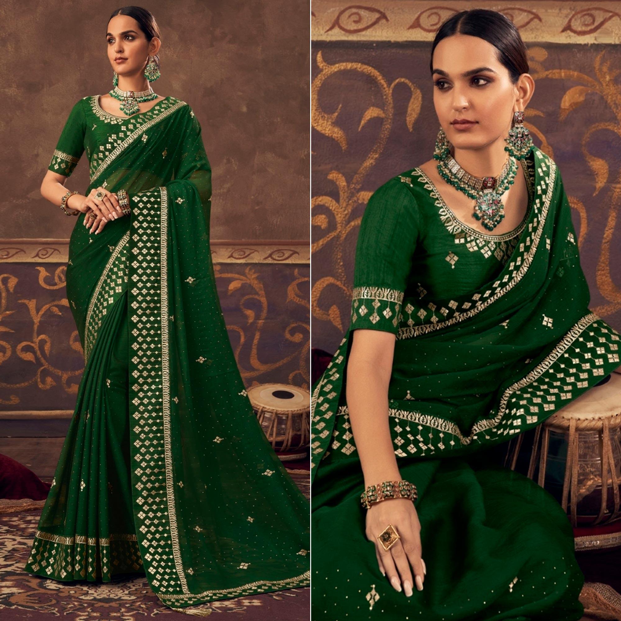 Green Embroidered Chiffon Saree - Peachmode