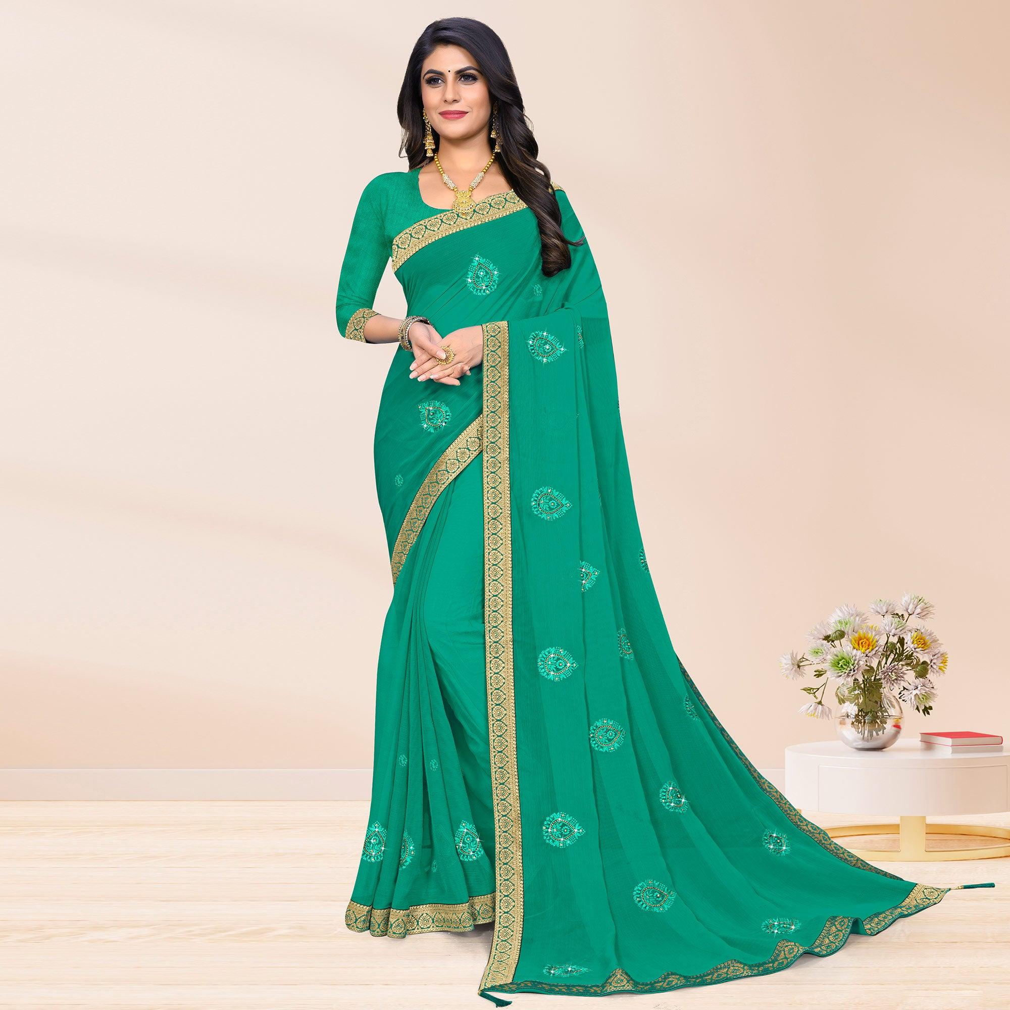 Green Embroidered Chiffon Saree - Peachmode