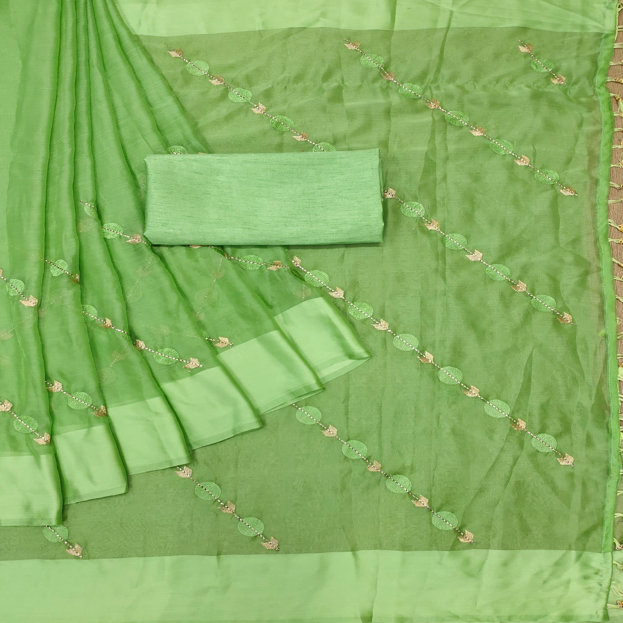 Green Embroidered Chiffon Saree - Peachmode