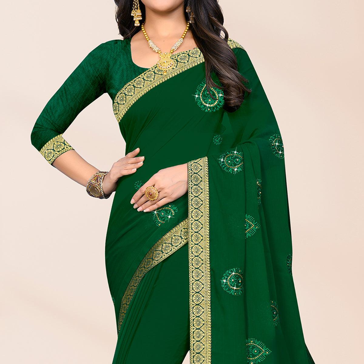 Green Embroidered Chiffon Saree - Peachmode