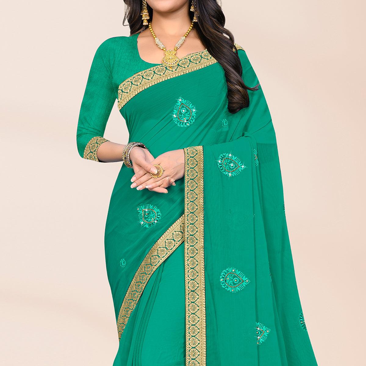 Green Embroidered Chiffon Saree - Peachmode