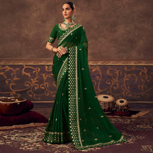 Green Embroidered Chiffon Saree - Peachmode