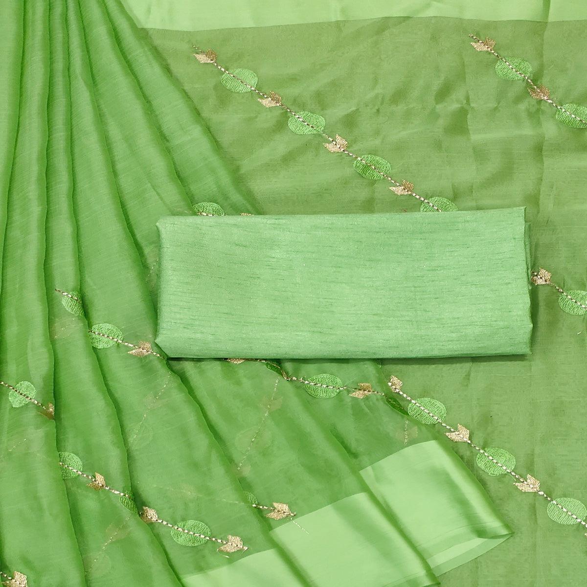 Green Embroidered Chiffon Saree - Peachmode