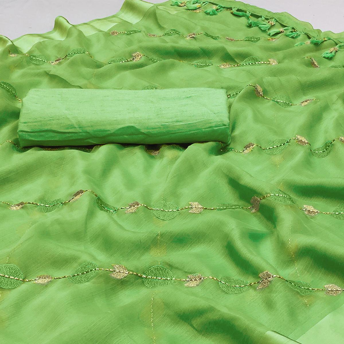 Green Embroidered Chiffon Saree - Peachmode