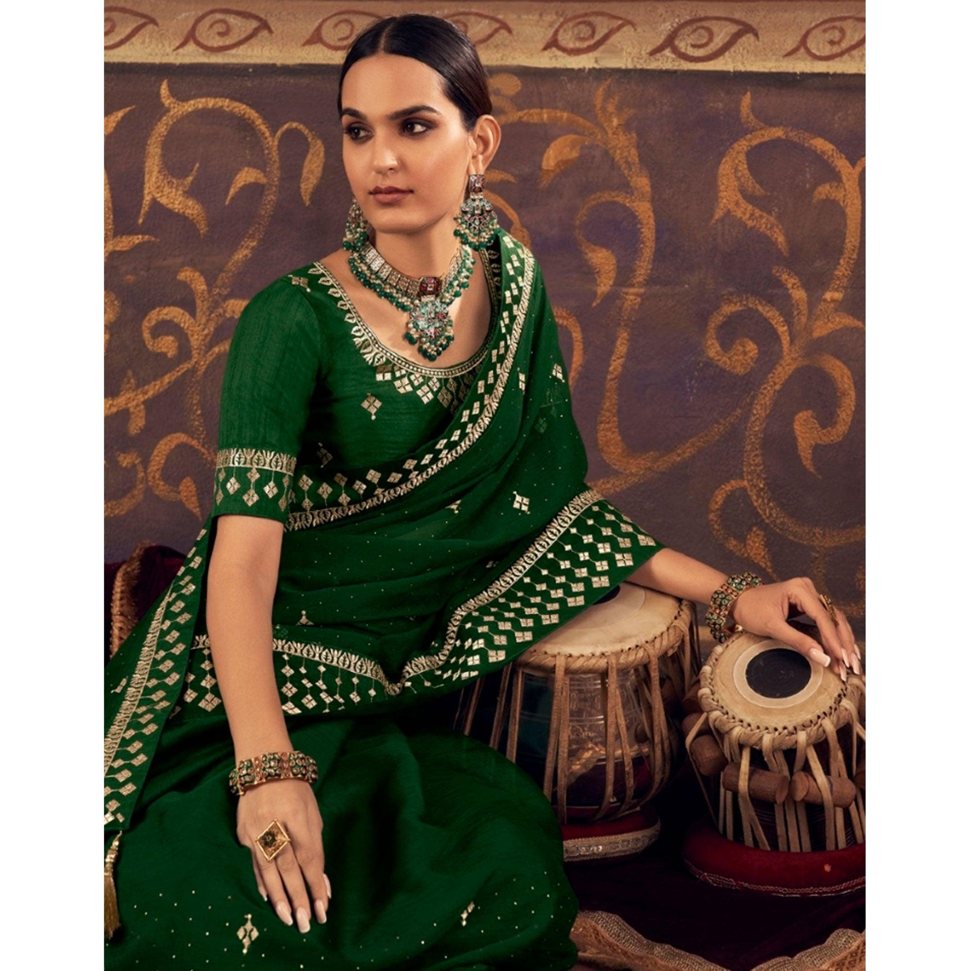 Green Embroidered Chiffon Saree - Peachmode