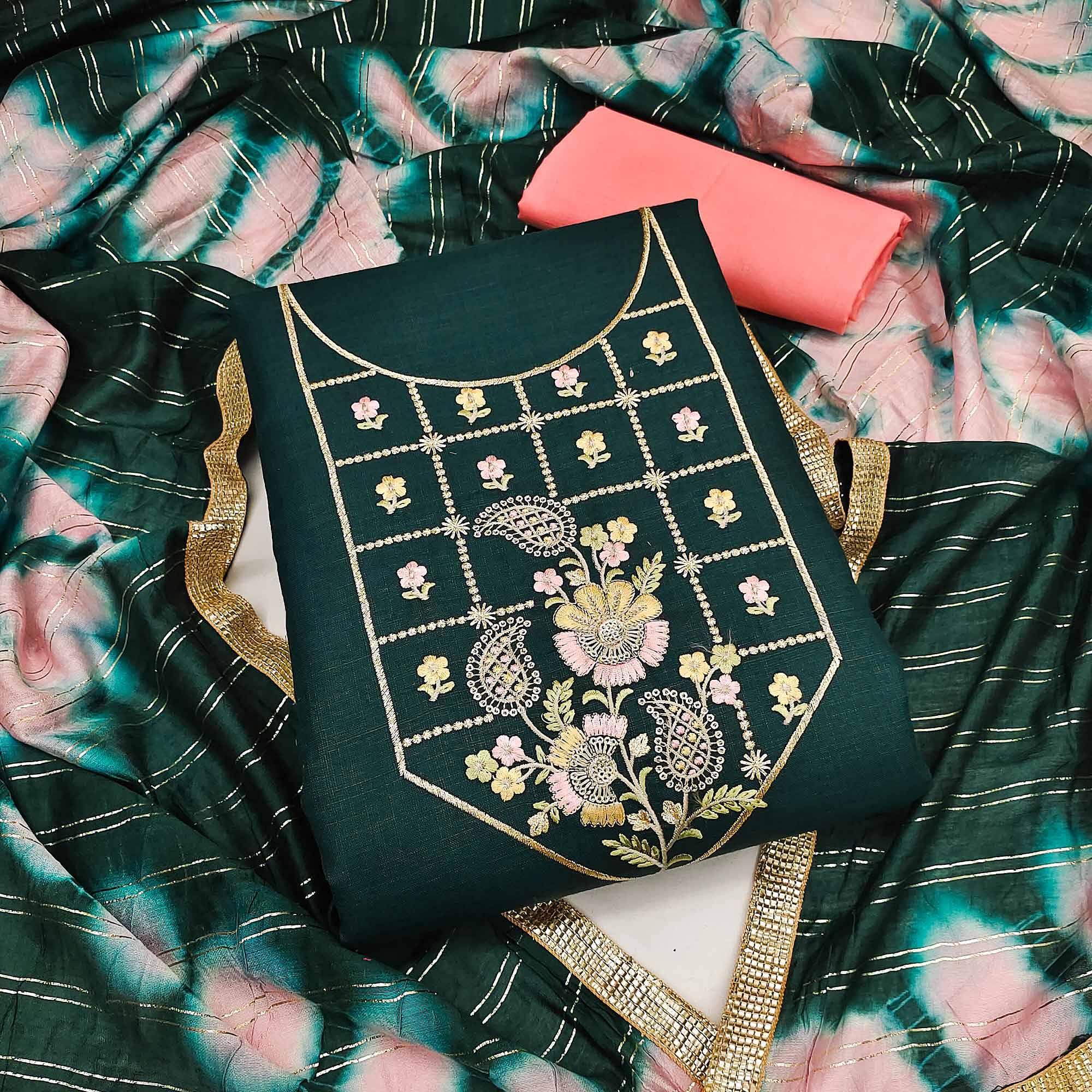 Green Embroidered Cotton Dress Material - Peachmode
