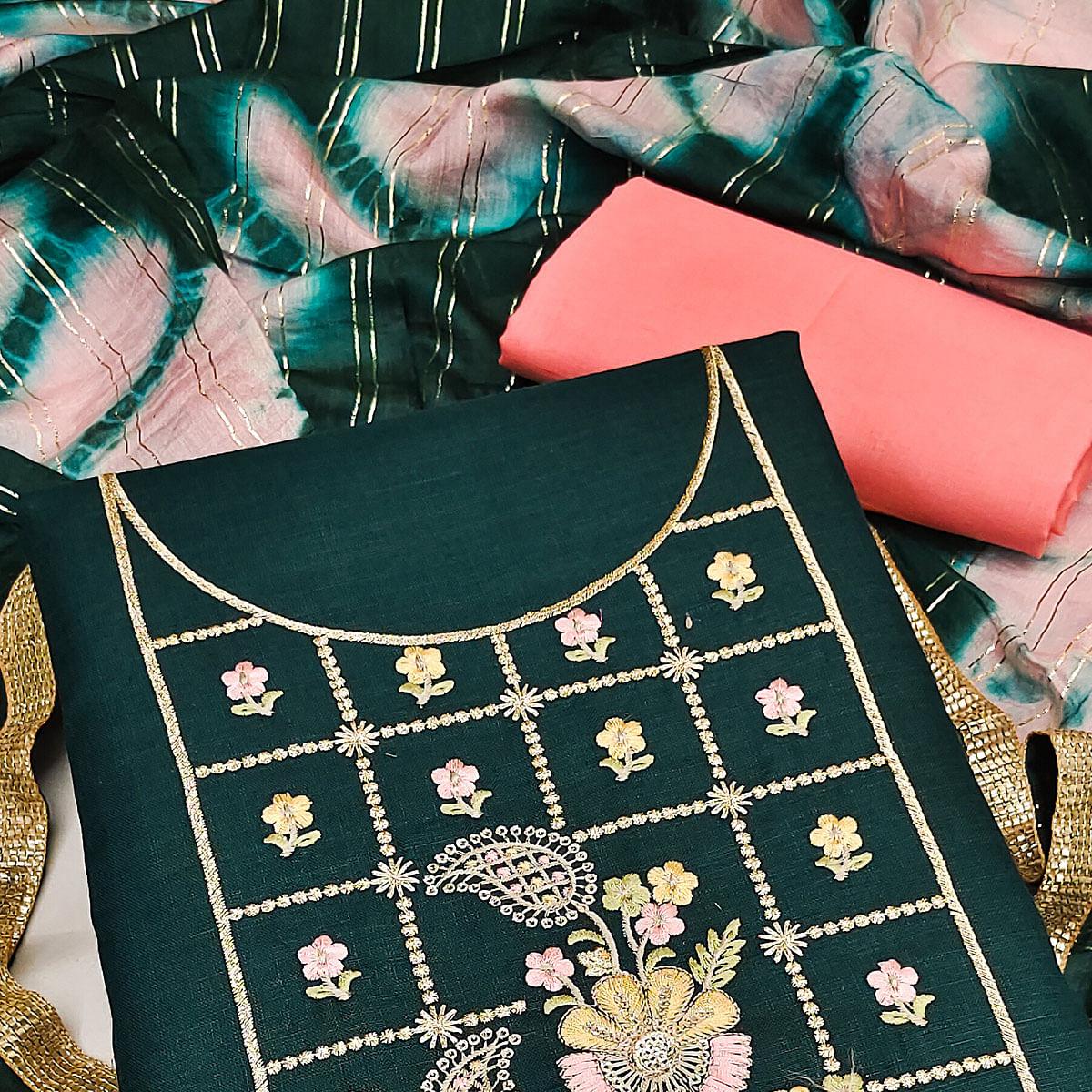 Green Embroidered Cotton Dress Material - Peachmode