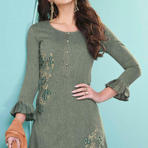 Green Embroidered Cotton Kurti Pant Set With Dupatta - Peachmode
