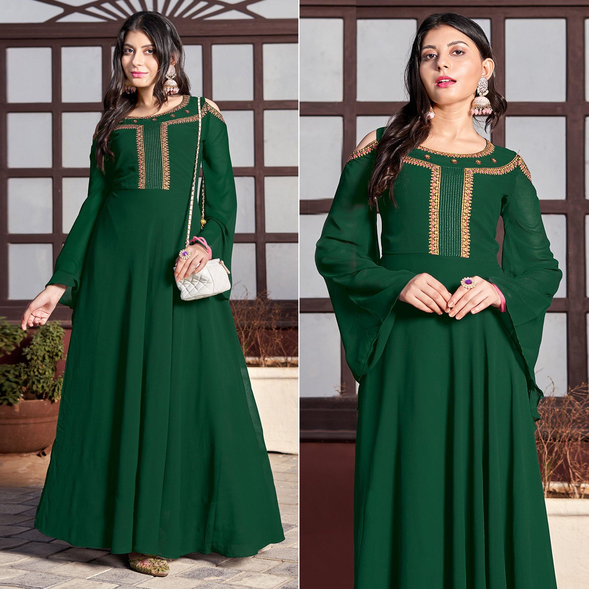 Green Embroidered Crepe Gown - Peachmode