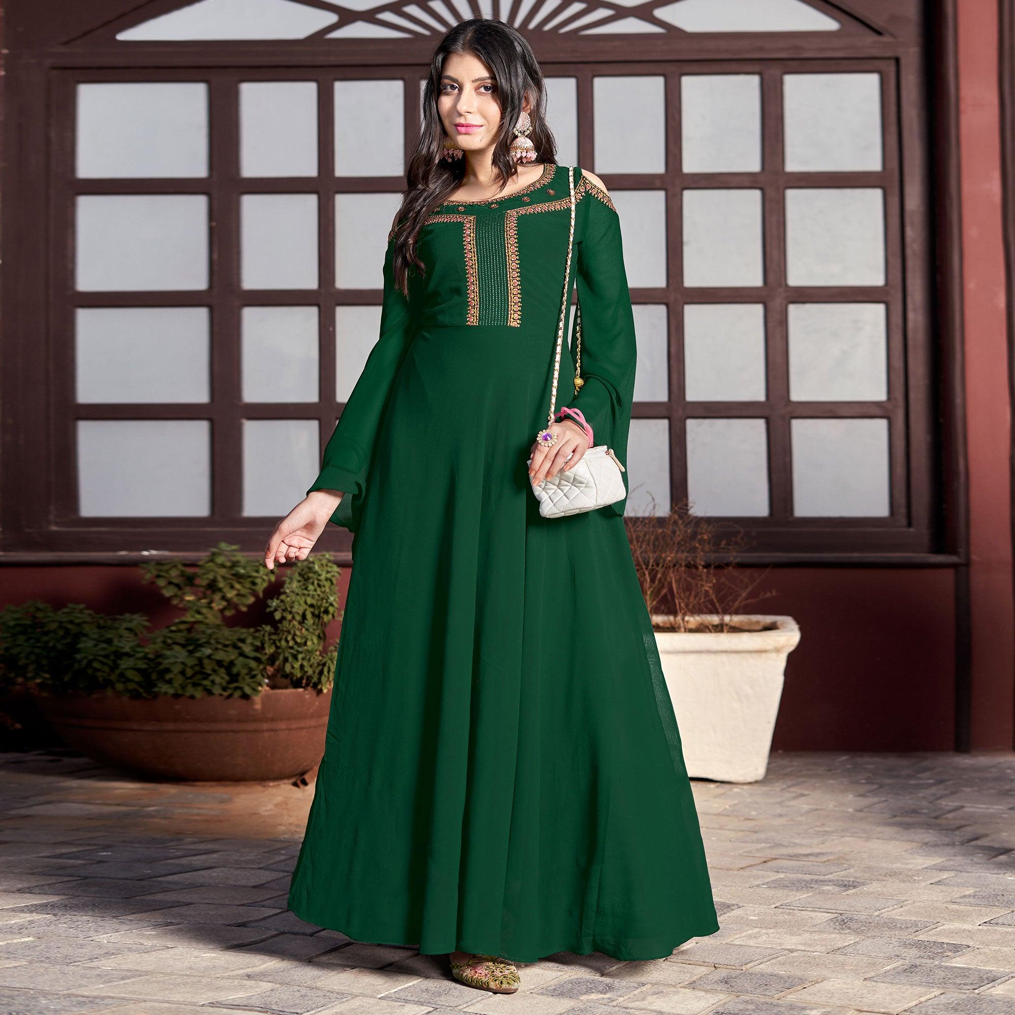 Green Embroidered Crepe Gown - Peachmode