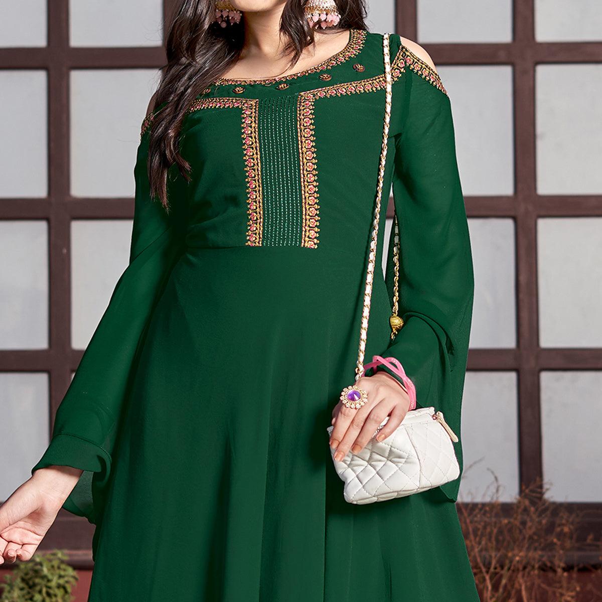 Green Embroidered Crepe Gown - Peachmode