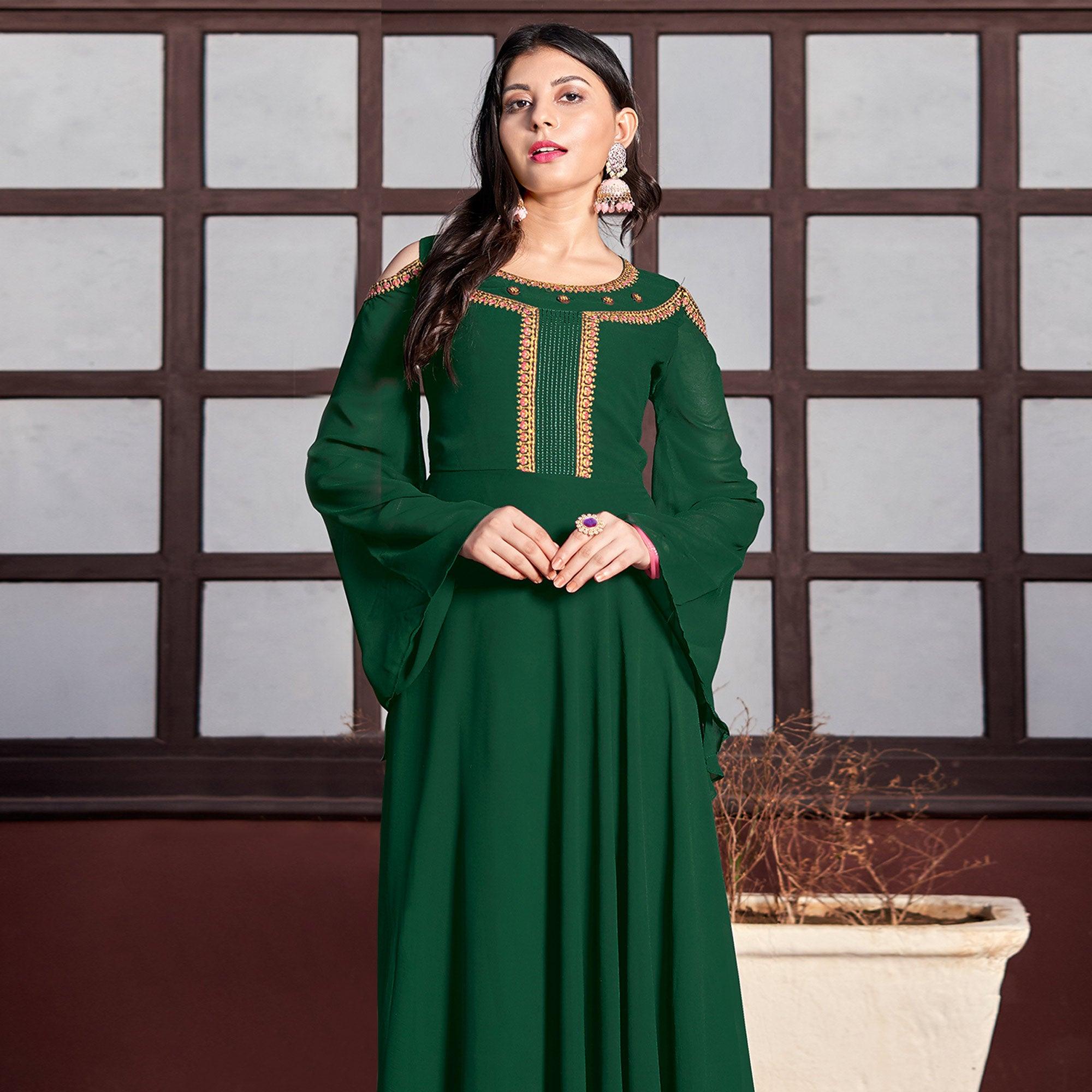 Green Embroidered Crepe Gown - Peachmode