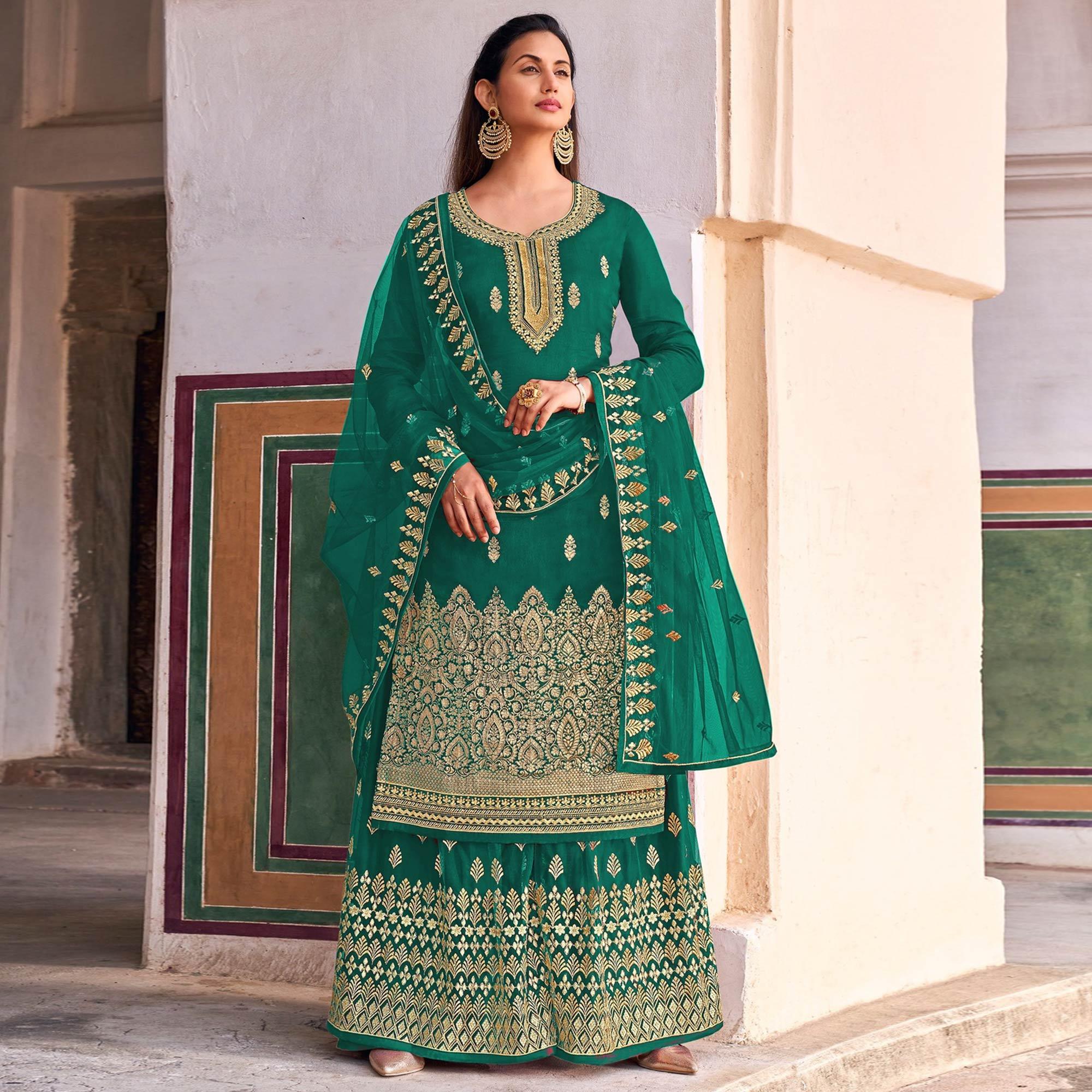Green Embroidered Dola Silk Palazzo Suit - Peachmode