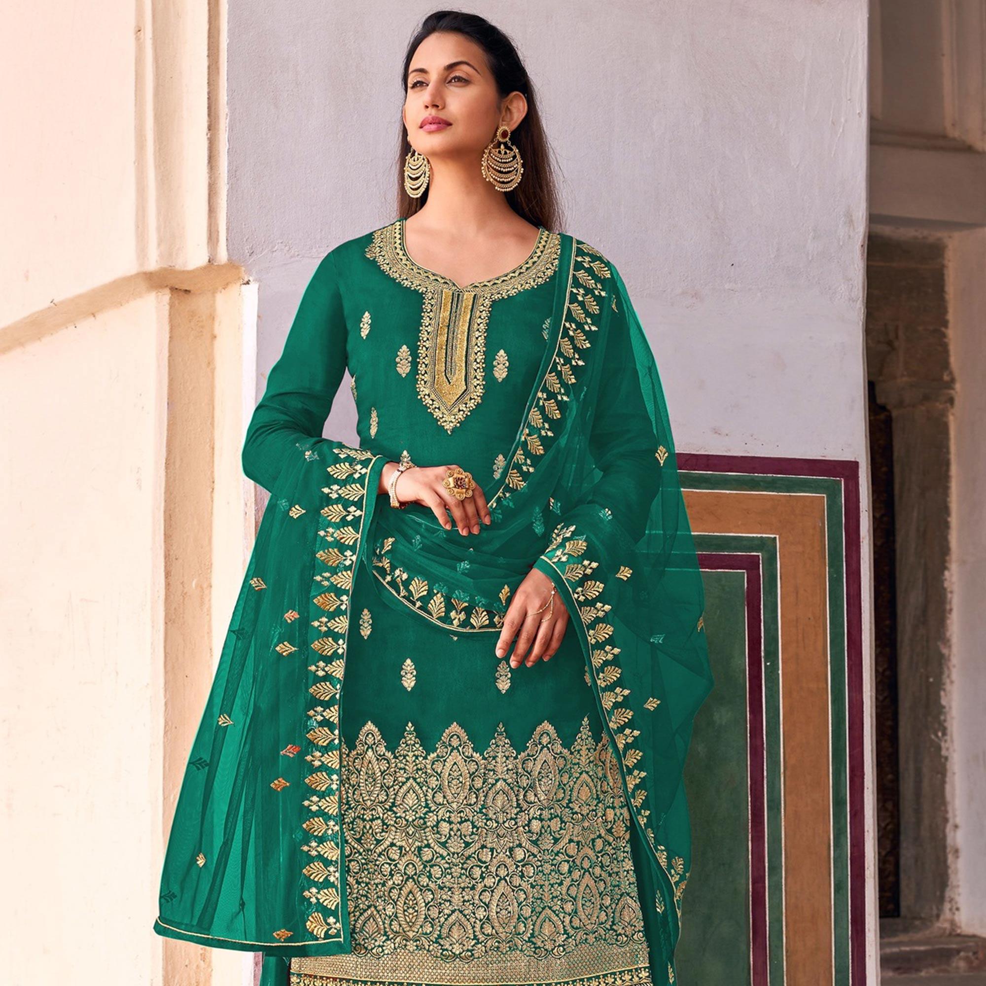 Green Embroidered Dola Silk Palazzo Suit - Peachmode