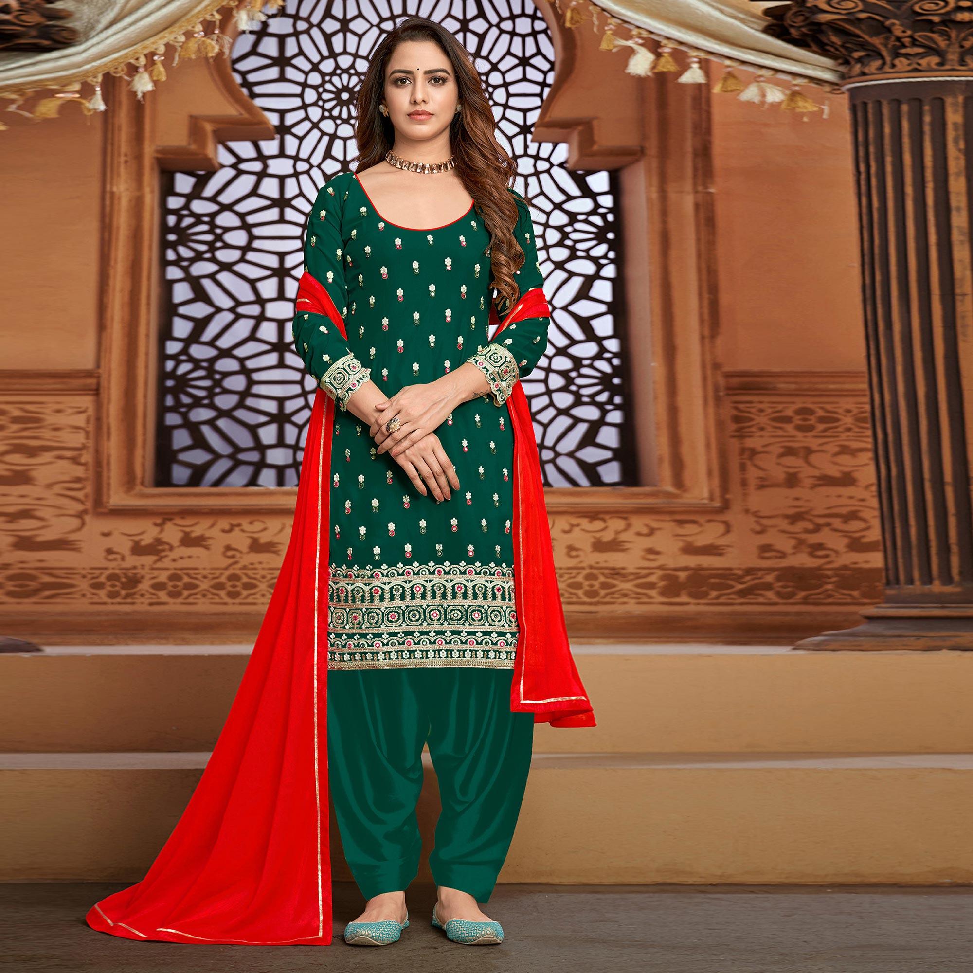 Green Embroidered Faux Georgette Partywear Patiyala Suit - Peachmode