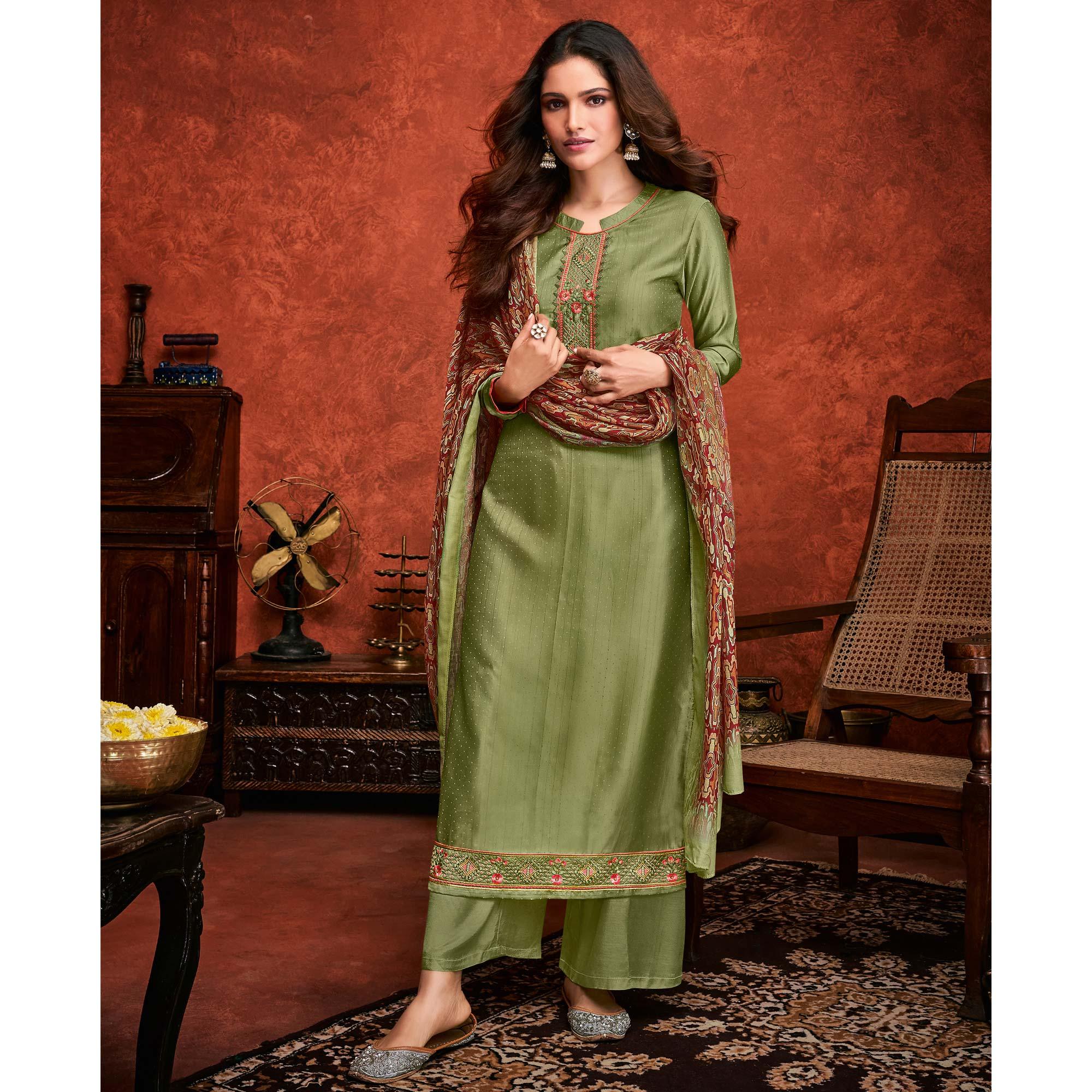 Green Embroidered Fiona Silk Partywear Suit - Peachmode
