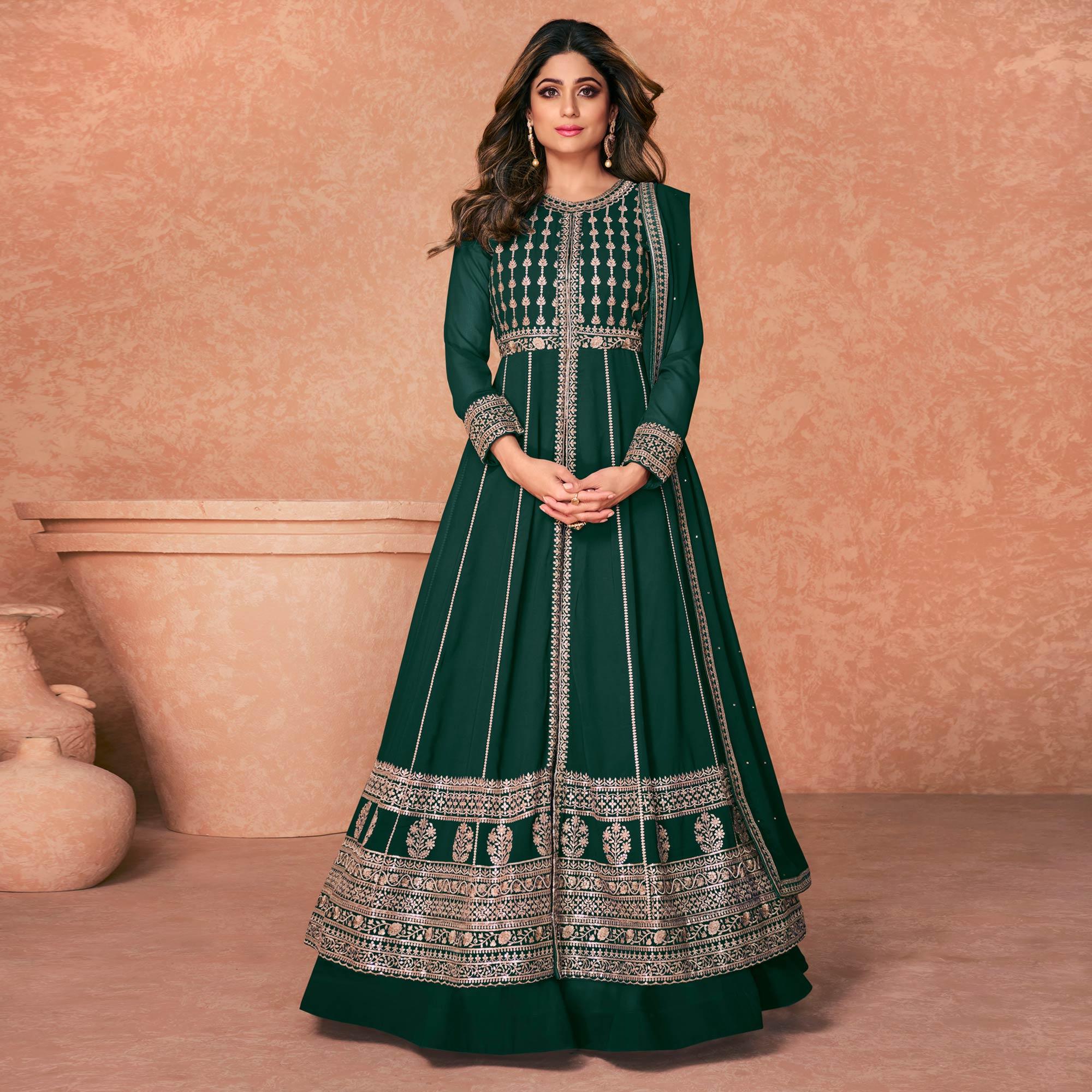 Green Embroidered Georgette Anarkali Style Gown - Peachmode