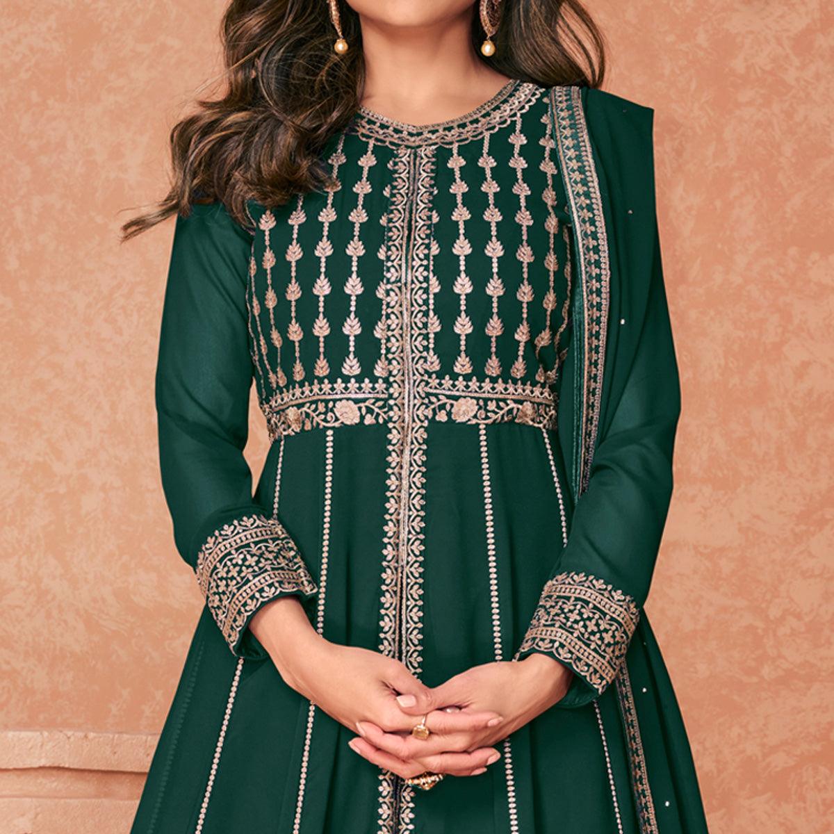 Green Embroidered Georgette Anarkali Style Gown - Peachmode