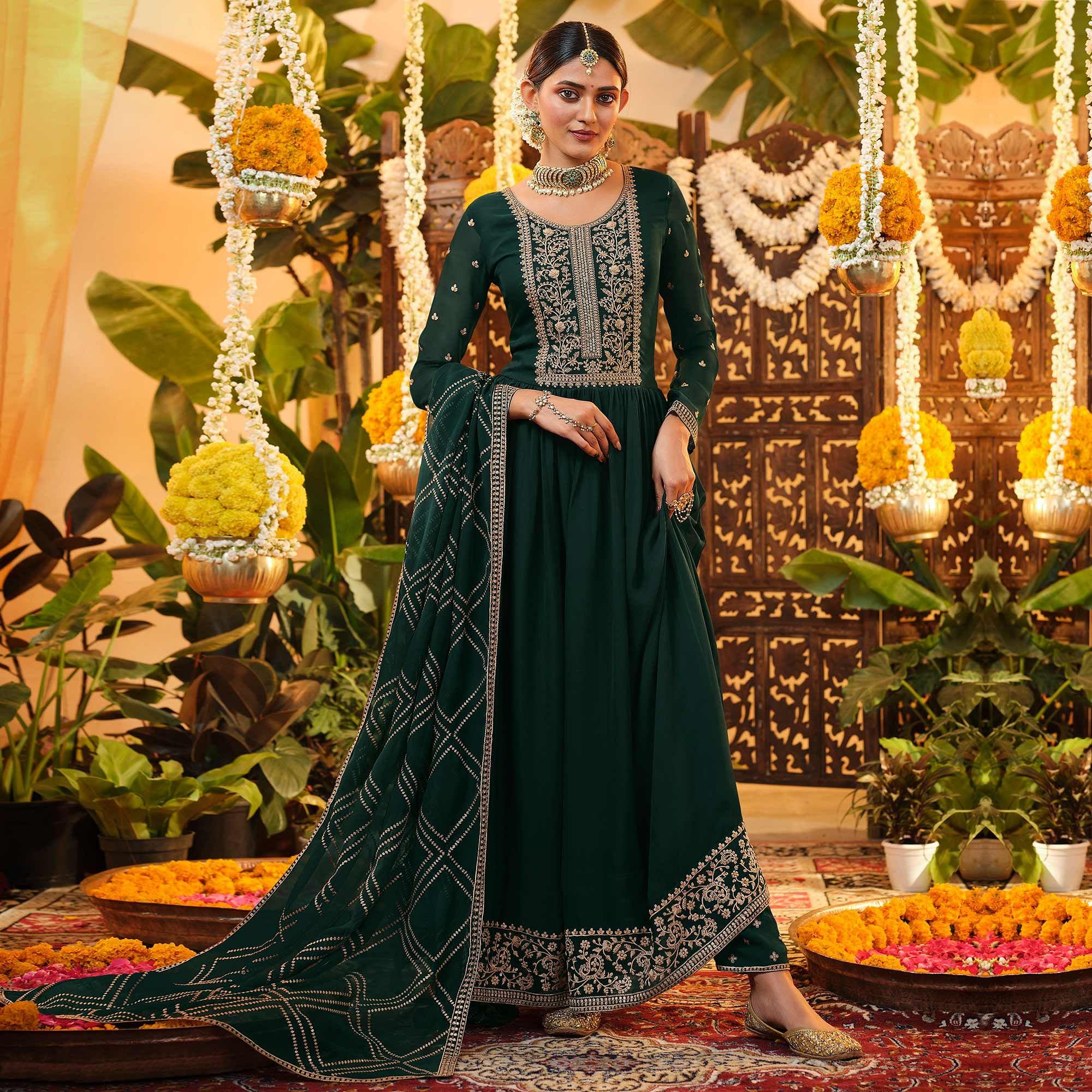 Green Embroidered Georgette Anarkali Suit - Peachmode