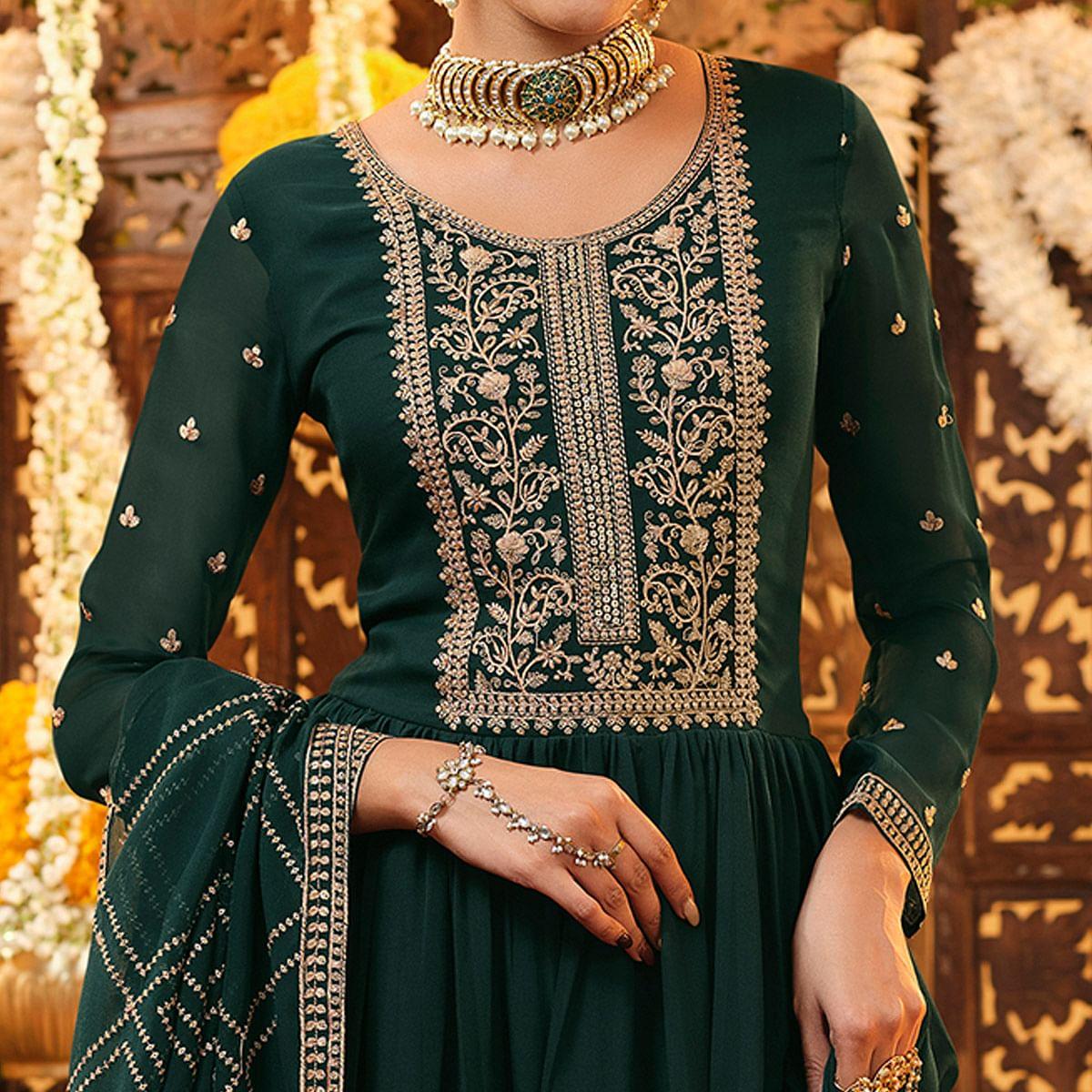 Green Embroidered Georgette Anarkali Suit - Peachmode