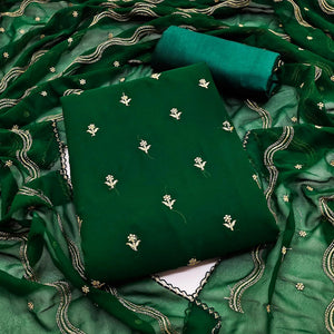 Green Embroidered Georgette Dress Material - Peachmode