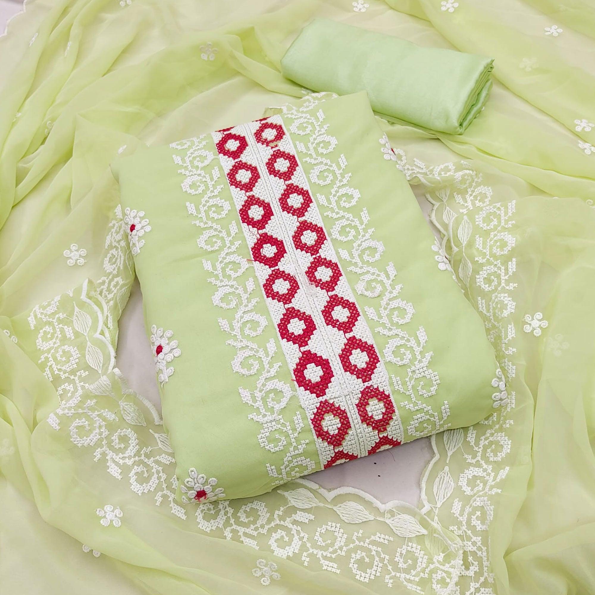 Green Embroidered Georgette Dress Material - Peachmode