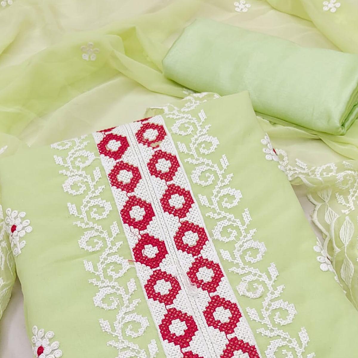 Green Embroidered Georgette Dress Material - Peachmode