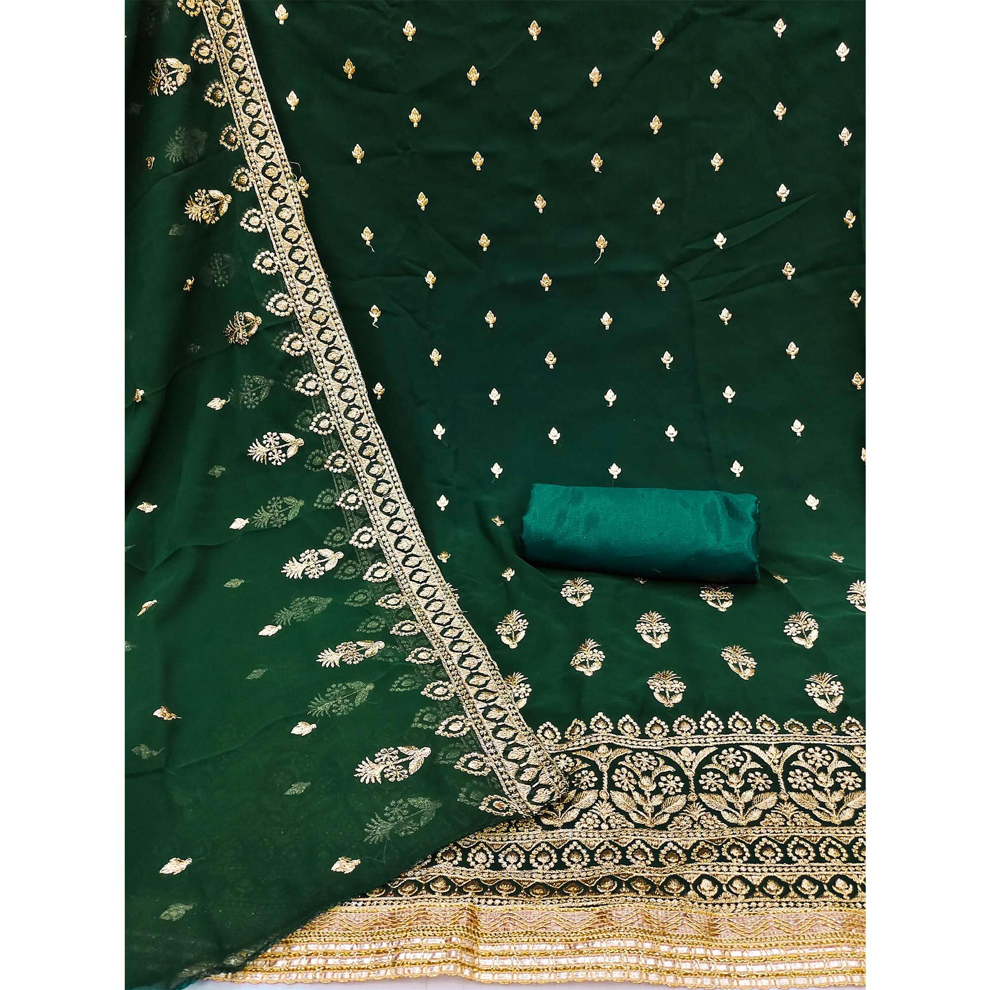 Green Embroidered Georgette Dress Material - Peachmode