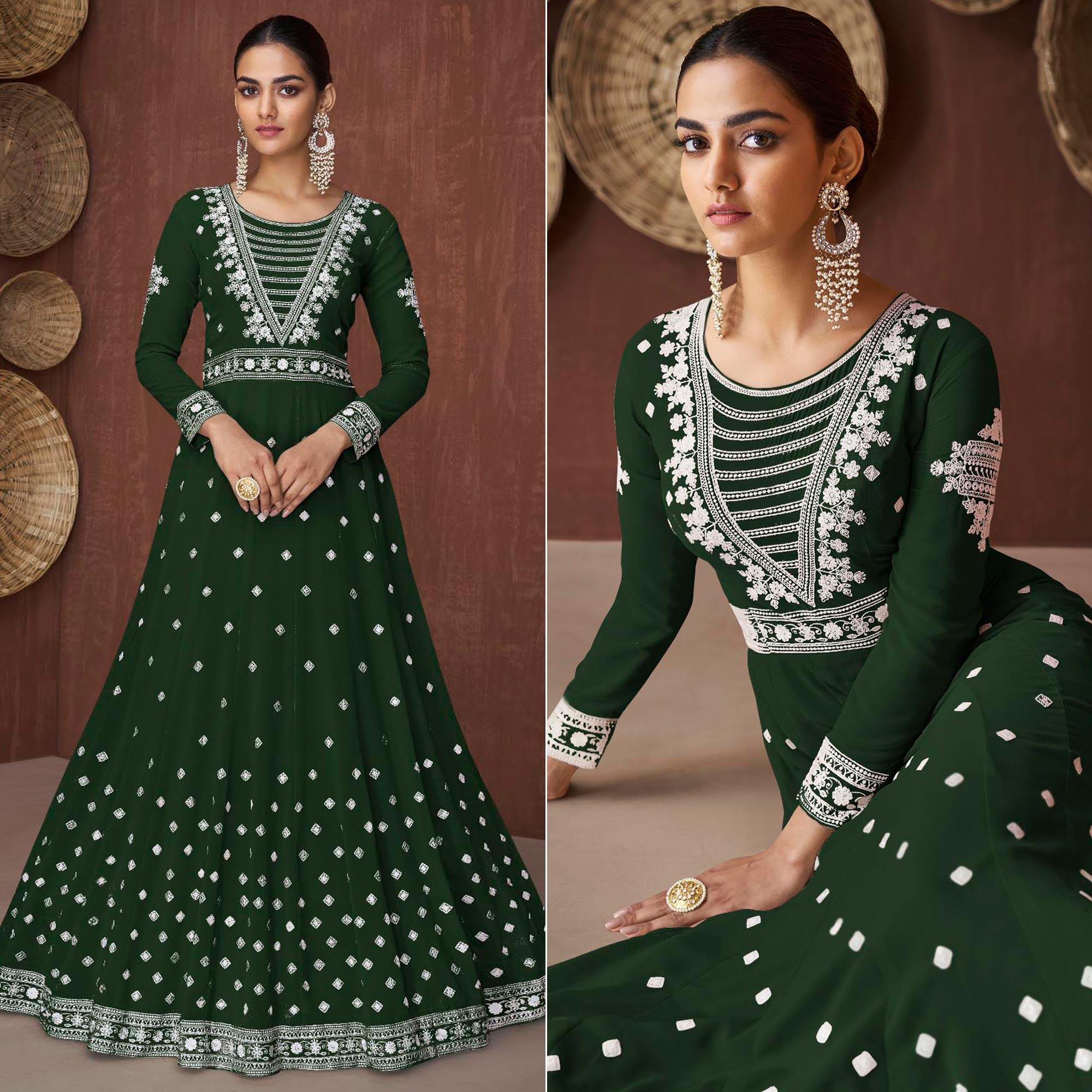 Green Embroidered Georgette Gown - Peachmode