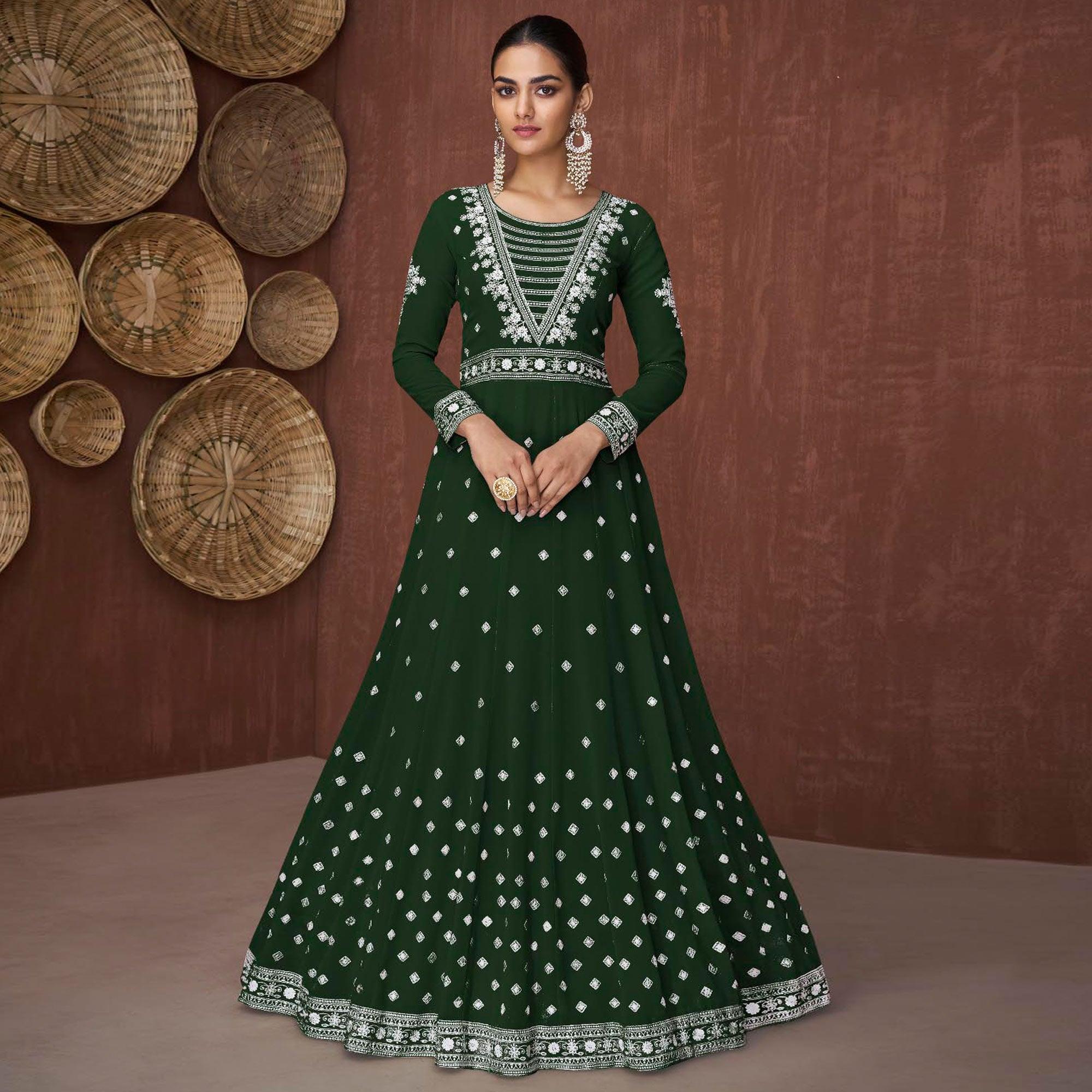 Green Embroidered Georgette Gown - Peachmode