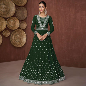 Green Embroidered Georgette Gown - Peachmode