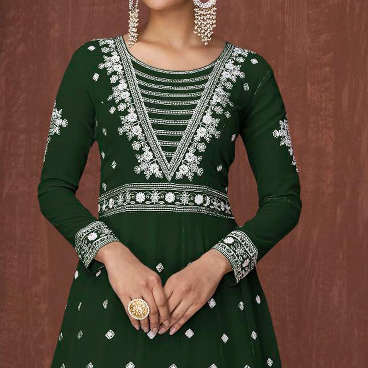 Green Embroidered Georgette Gown - Peachmode