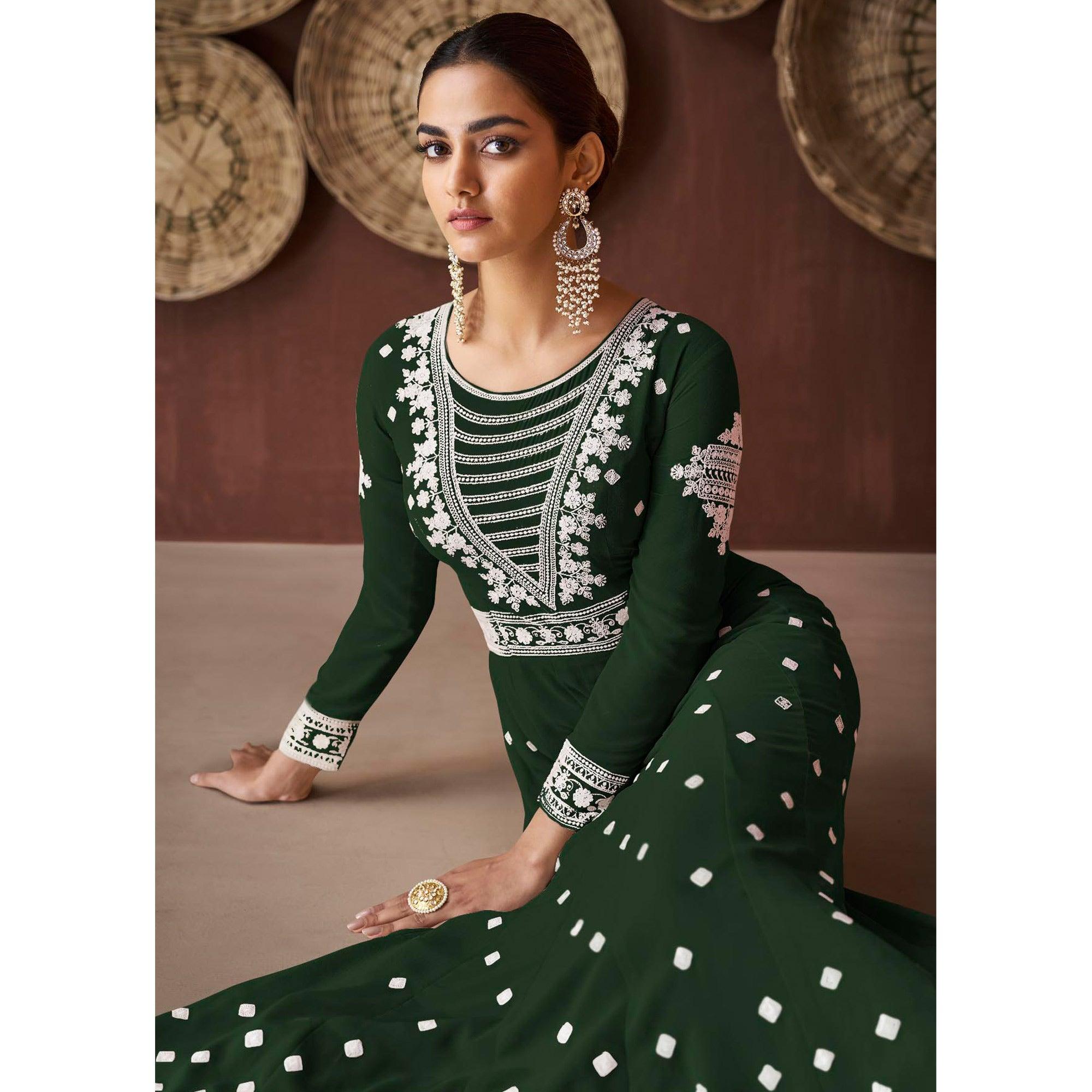 Green Embroidered Georgette Gown - Peachmode