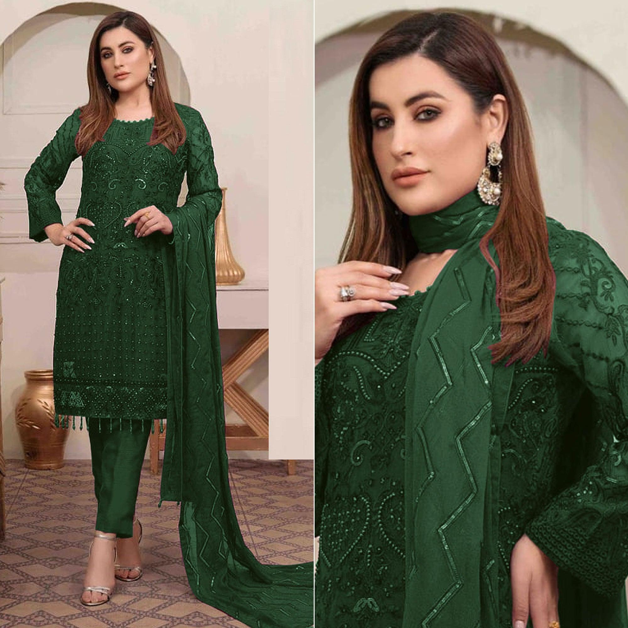Green Embroidered Georgette Pakistani Suit - Peachmode