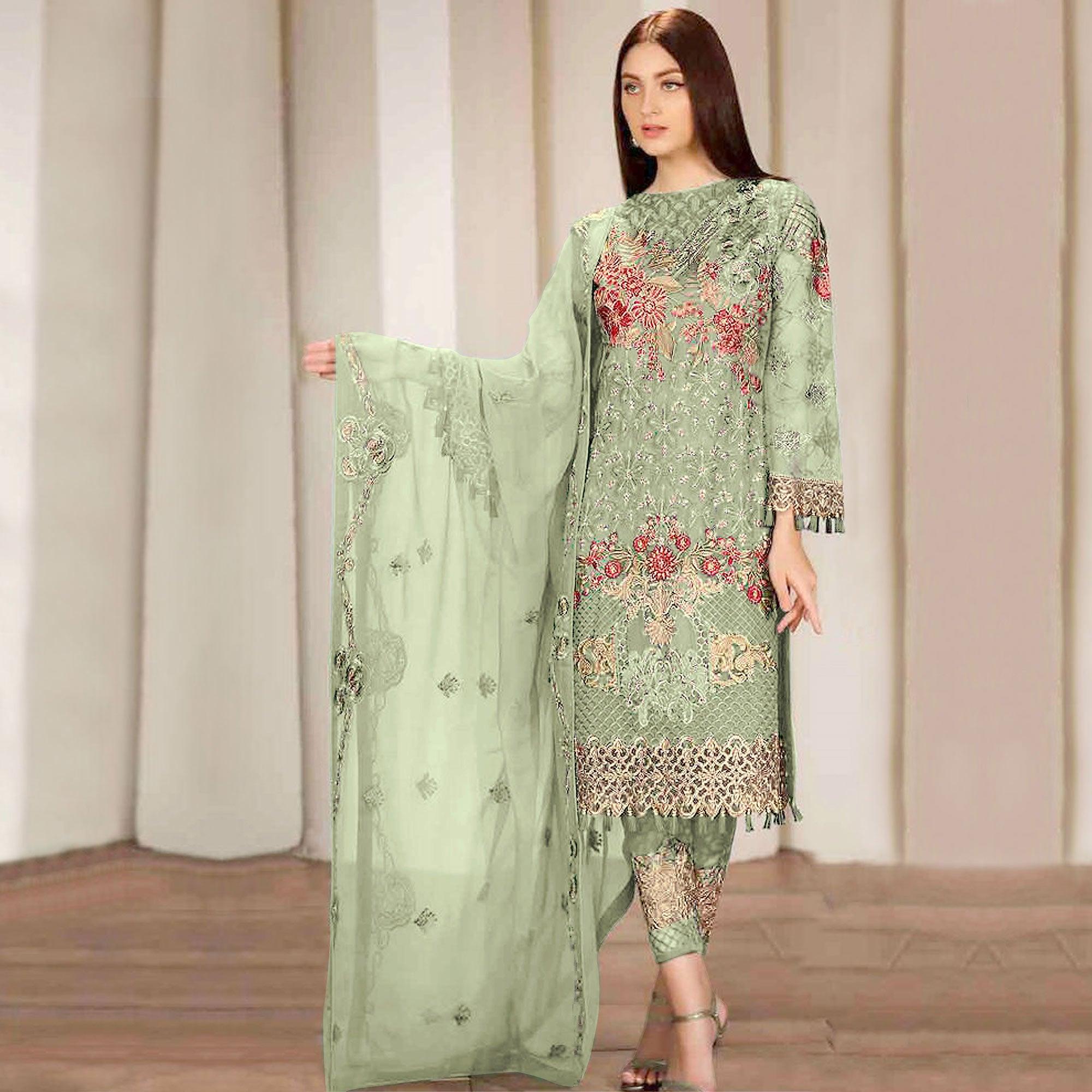 Green Embroidered Georgette Pakistani Suit - Peachmode