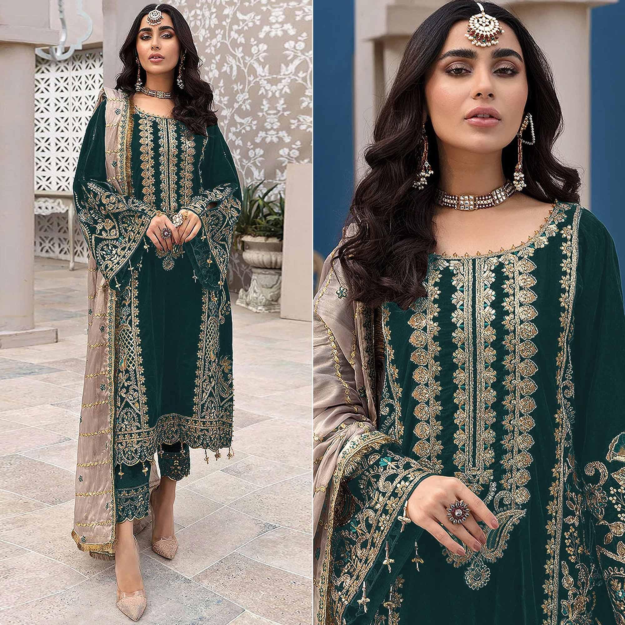 Green Embroidered Georgette Pakistani Suit - Peachmode