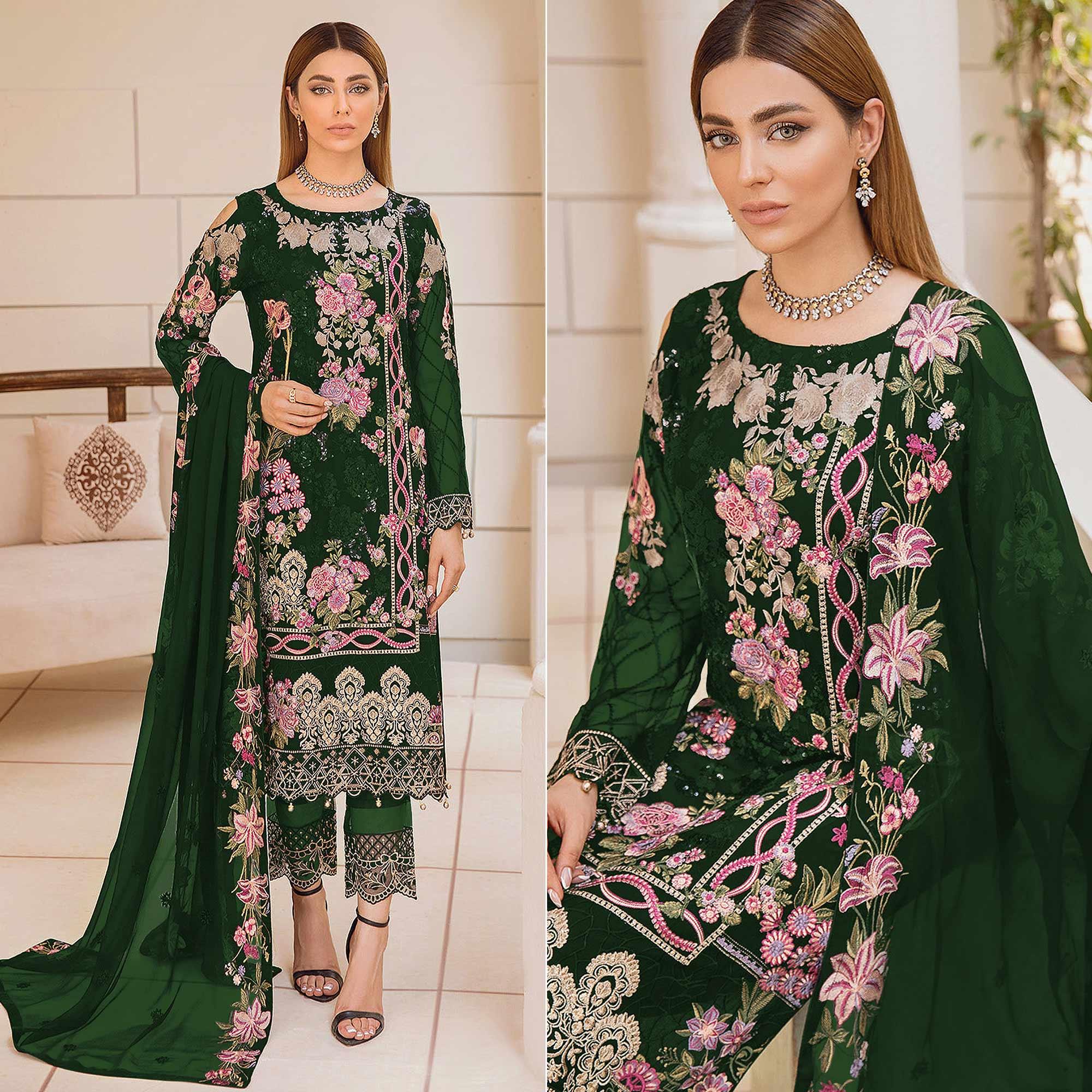 Green Embroidered Georgette Pakistani Suit - Peachmode